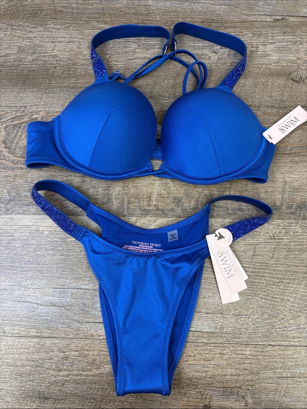 Victoria’s Secret Swim Rhinestone Strap Bikini Set Blue 34B XS Brazilian NWT